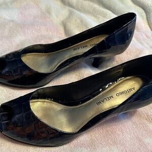Antonio Melani Dolly Black Croc Embossed Patent Leather Peep Toe Heels
